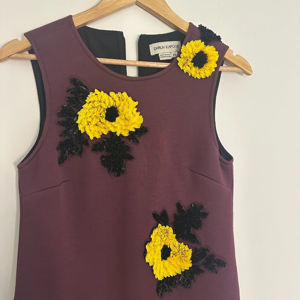 Women’s Burgundy Floral Mini Dress with Yellow Appliqué - Picture 3 of 9